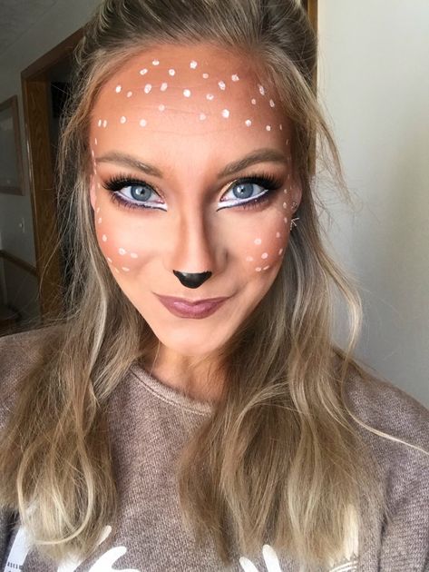 Doe Eye Makeup Halloween, Make Up For Deer Costume, Oh Deer Halloween Costume, Sven Reindeer Makeup, Mom Deer Costume, Womens Doe Costume Diy, Doe Deer Face Paint, Halloween Doe Makeup, Female Deer Costume