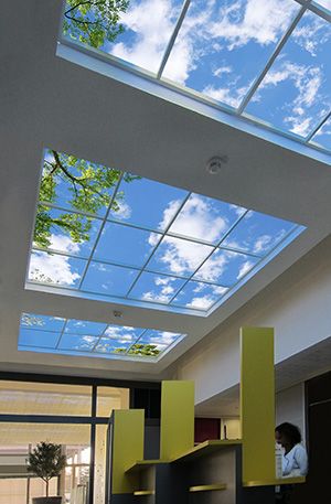 Genteng Atap, Skylight Design, Sky Ceiling, Fake Window, Ceiling Murals, Wallpaper Ceiling, Dental Office Design, Architecture Model Making, Hospital Design