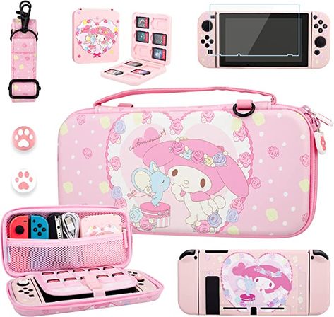 RHOTALL Cute Bunny Carrying Case for Nintendo Switch, Pink Potable Travel Case Accessories Bundle for Switch with Protective Shell, Shoulder Strap, Game Card Case, Screen Protector and 2 Thumb Caps Nintendo Switch System, Nintendo Switch Accessories, Bunny Design, Gamer Room, Bunny Designs, Cute Games, Safe Storage, Hand Strap, Game Card