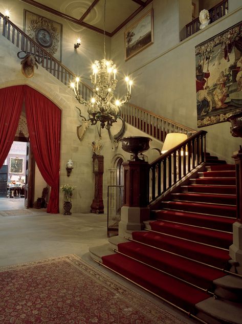 Staircase Hall at Eastnor Castle Castle Entrance Hall, Castle Wedding Reception, Castle Entrance, Eastnor Castle, Interior Staircase, Glass Staircase, Urban Interiors, Wooden Chandelier, The Staircase