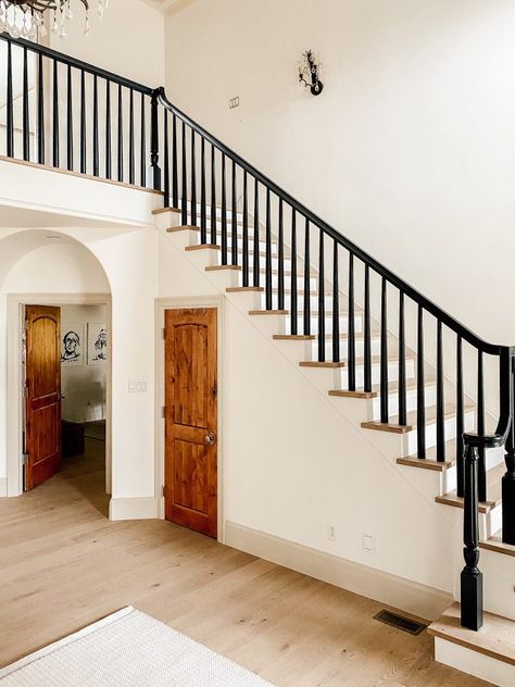 How We Completely Updated our Stair Railings by Only Swapping out the Balusters - Chris Loves Julia Black Painted Stairs, Julia Marcum, Painted Stair Railings, Black Stair Railing, Stair Railing Makeover, Black Railing, Black Staircase, Stair Spindles, Black Stairs