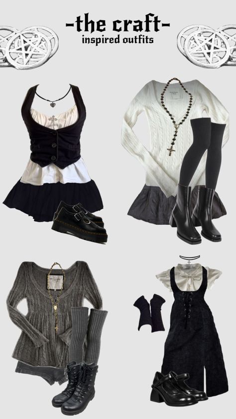 the craft inspired outfits witchy gothic #thecraft #outfits #witchy #witchyoutfit #gothic #gothicoutfit #fitinspo Witchy Casual Outfit, Modest Gothic Outfits, The Craft Outfits Inspiration, The Craft Fashion, The Craft Inspired Outfits, The Craft Outfits Aesthetic, The Craft Aesthetic Outfits, Winter Alternative Outfits, Witchy Winter Outfits