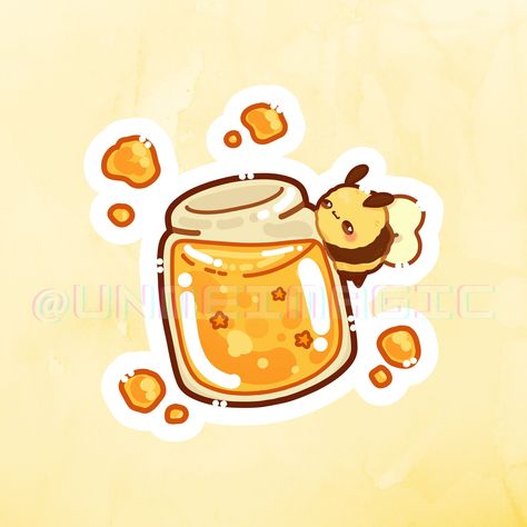 Honey jar bee sticker! Made specially for you, to place on your devices, journals, or anywhere you please! About this product: A kiss-cut provides you with the ultimate flexibility for implementing your vision--this method cuts the sticker into any shape you desire, while leaving the back intact so that it can be smoothly peeled off the page. .: Made 100% with durable vinyl that comes with strong 3M glue for decorations that last. Perfect for spicing up indoor decor (not waterproof). .: Choose b Kawaii Animals Drawings, Chibi Kiss, Cute Bee Art, Bee Aesthetic, Bee Diy, Aesthetic Highlight Covers Instagram Pink, Chibi Stickers, Bee Drawing, Food Sticker