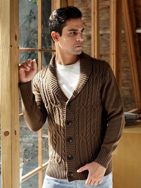 Men Cable Knit Shawl Collar Cardigan | SHEIN ASIA Men Knitwear, Menswear Trends, Knit Shawl, Shawl Collar Cardigan, Collar Cardigan, Knitwear Men, Winter 2022, Knitted Shawls, Mens Fashion Trends