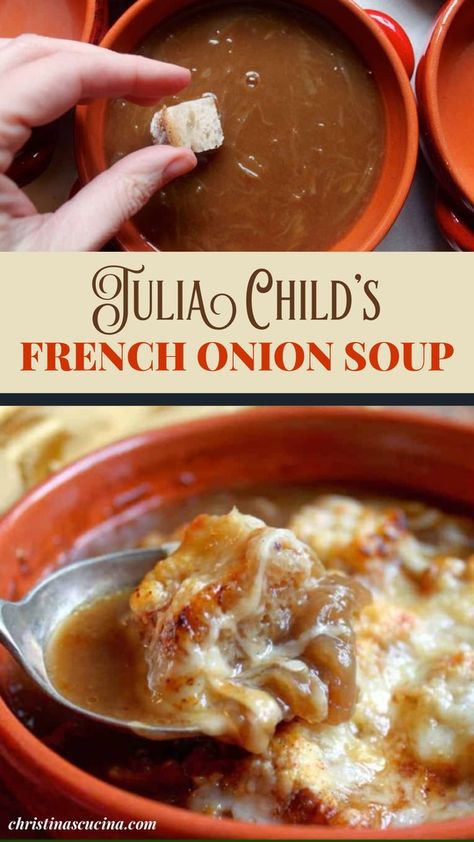 The French onion soup Julia Child made is a classic recipe, but I made one tiny change which I think makes the eating and enjoying of the soup much easier. Sorry, Julia! Best French Onion Soup, Classic French Onion Soup, French Soup, French Onion Soup Recipe, Onion Soup Recipes, Stew Chicken Recipe, Confort Food, Recipe Vegetarian, Soup Recipes Slow Cooker