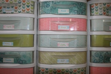 Line your standard plastic storage drawers with decorative paper. | 17 Super Simple Dorm Organization Tricks Plastic Drawer Makeover, Small Room Organization, Plastic Storage Drawers, Dorm Sweet Dorm, Dorm Organization, College Organization, Dorm Room Organization, Plastic Storage Bins, Plastic Drawers