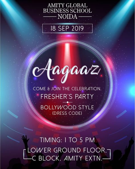 Inviting all the MBA (2019-21) & BBA (2019-22) students to be there at AAGAAZ, and start college life with a bang! Get ready to dance till you get sore. #Aagaz #Aagaz2019 #Freshersparty #AGBS #AGBSNoida College Fest Invitation Card, Freshers Day Names, Theme For Freshers Party In College, Freshers Party Poster Design, Unique Names For Freshers Party, Themes For Freshers Party, College Freshers Party Invitation Card, Freshers Party Name Ideas, Freshers Invitation