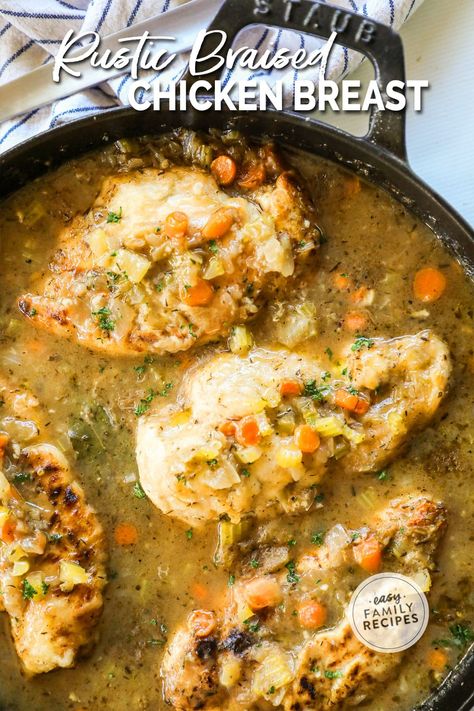 This rustic braised chicken breast recipe is a one-pan dish that promises juicy and tender chicken infused with savory flavors. It's perfect for an easy and delicious family dinner for busy weeknights. The simple step of deglazing the pan with a splash of white wine adds depth to the dish, and you'll have a flavorful masterpiece that's sure to impress. Enjoy the ultimate weeknight meal that's both easy to make and delicious. How To Braise Chicken, Chicken Braised Recipes, French Chicken Breast Recipes, Chicken Breast In Dutch Oven, Split Chicken Breast Recipes Bone In, Pounded Chicken Breast Recipes, Split Chicken Breast Recipes, Chicken Breats Recipes, Split Breast Chicken Recipes