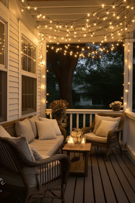 45 Front Porch Ideas That Will Bring You Together Front Porch Ideas Lights, Outdoor Cozy Seating, String Lights On Porch, Diy Porch Bed, Front Porch Cozy, Small Back Porches, Balcony Seating, Porch Seating, Apartment Porch