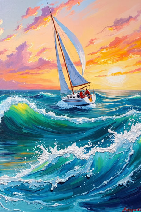 Transform your space with the breathtaking beauty of the ocean! This vibrant seascape painting captures a sailboat gracefully navigating turquoise waves beneath a stunning sunset. Available as a framed print, canvas, fine art print, or metal print - find the perfect fit for your home or office. Bring the spirit of adventure and tranquility indoors!   #waterfall #nature #flowers #paintings #art #beauty #serenity #iris #goddess #womaninart #matisse_paintings #abstract #acrylic #watercolor Acrylic Painting Water, Iris Goddess, Waves Sunset, Sb Design, Matisse Paintings, Flowers Paintings, Sunny Sky, Stunning Sunset, Painting Ocean