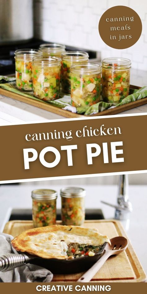 Canning Chicken Pot Pie Filling: Canning Meals in Jars - Ready to put your pressure canner to work and make a delicious homemade chicken pot pie filling? This simple recipe is a great pressure canning for beginners recipe. Not only is it easy, but you’ll also meals in jars that can be serves with biscuits or in your favorite pie crust. You're going to love this meal canning recipe. How To Can Chicken Soup, Best Things To Can For Beginners, Can Chicken Pot Pie Recipe, Pressure Canning Chicken Pot Pie Filling, Foods To Can Pressure Canning, Chicken Pot Pie Canning Recipe, Canned Chicken Pot Pie Filling, Canning Chicken Meals In A Jar, Pressure Canner Recipes Meals