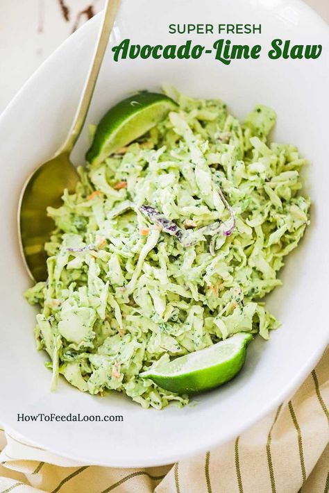 Avocado-Lime Slaw is such a wonderful and vibrant change to traditional coleslaw. The perfect side dish or as a topping to fish tacos. Yum! Get the complete recipe with ALL-NEW VIDEO on the blog! Thanksgiving Classics, Slaw For Fish Tacos, Coleslaw Recipes, Lime Slaw, Ball Recipes, Homemade Coleslaw, Gold Spoon, Homemade Guacamole, Slaw Recipes