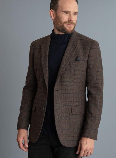 Men's Brown Checked Tailored Fit Blazer With Wool Dark Brown Blazer Outfit Mens, Checks Blazer For Men, Checked Blazer Outfit Men, Winter Blazer For Men, Blazer Mens Outfit, Dark Brown Blazer Outfit, Brown Blazer Outfit Men, Outfit Americana, Brown Blazer Men