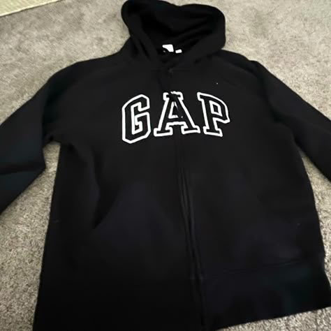 Black And White Gap Hoodie, Never Worn, Good Quality, I Just Didn’t Like The Style Of This Hoodie Personally But It’s Very Trendy And Can Match With Anything, Also Very Comfortable But I Never Wore It. Camel Leather Jacket, Gap Hoodie, Black Leather Vest, Womens Khakis, Gap Jacket, Black Denim Jacket, Cropped Denim Jacket, Black Zip Ups, Gap Denim