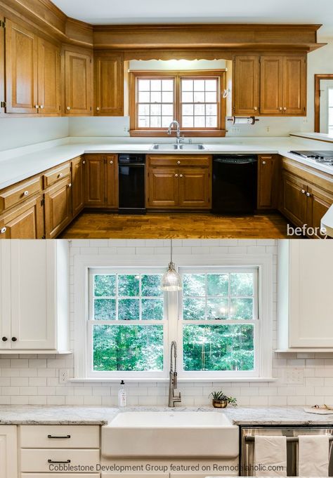 1980's Kitchen Update with Subway Tile and Farmhouse Sink, Fendall Home Renovation, Cobblestone Development Group featured on @Remodelaholic 1980s Kitchen, Kitchen Cabinet Refacing, Small Kitchen Renovations, Before After Kitchen, Refacing Kitchen Cabinets, Diy Kitchen Renovation, Beautiful Kitchen Designs, Cabinet Refacing, Kitchen Renovations