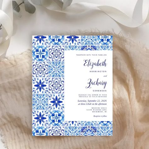 Budget Rustic Blue White Tile Wedding Invitation Blue Tile Wedding, Mediterranean Pattern, Tile Wedding, Blue Calligraphy, Popular Wedding Invitations, Wedding Invitation Templates Rustic, Blue White Weddings, Afternoon Wedding, Budget Wedding Invitations