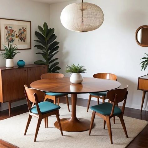 Mid Century Modern Wood Dining Table: Why Still Popular? - Mid-Century Modern (MCM) Mid Century Table Dining, Small Mid Century Dining Room, Mid Century Modern Dining Room Ideas, Mid Century Modern Kitchen Table, Mid Century Decorating Ideas, Minimalist Dining Room Ideas, Virginia Apartment, Round Table Dining Room, Mid Century Round Dining Table