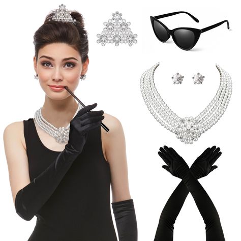 PRICES MAY VARY. ☕️6 Pack tiffany costume set: 1*multilayer pearl necklace with flower pendant,1 pair*silver stud earrings,1*pearl tiara comb,1*black cat eye sunglasses,1 pair*black gloves and 1*long extendable cigarette holder🎁Packed with a exquisite blue box 📿 4 strand audrey hepburn pearl necklace with flower pendant circumference: 15″; 🌸tiffany's earrings material:crystal flower and alloy shaped as flower 🕶Matte Black Sunglasses: made of high-quality lightweight plastic and hide metal hi Aubrey Hepburn Costume, Tiffany's Earrings, Audrey Hepburn Halloween Costume, All Black Costumes, Breakfast At Tiffany's Costume, Tiffany Costume, Halloween Costumes Brunette, Audrey Hepburn Breakfast At Tiffanys, 1920s Accessories