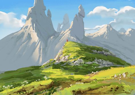 ArtStation - Red man Environment Concept Art Mountains, Grassy Plains Concept Art, Mountain Top Illustration, Fantasy Mountain Art, Shire Landscape, Mountains Concept Art, Village On Mountain, Mountain Concept Art, Digital Painting Landscape