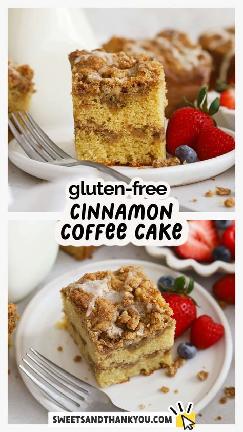 Our Gluten-Free Cinnamon Coffee Cake recipe has all the classic flavor you love, simply made gluten-free! This gluten-free crumb cake might just become your new favorite holiday breakfast. We combine fluffy, buttery vanilla cake with two layers of brown sugar cinnamon streusel topping for a delicious special occasion breakfast treat your whole family will love. Get the recipe at sweetsandthankyou.com Gluten Free Cinnamon Coffee Cake, Gluten Free Coffee Cake Recipe, Gluten Free Overnight Oats, Gluten Free French Toast, Cinnamon Streusel Topping, Gluten Free Coffee Cake, Classic Coffee Cake, Gluten Free Food List, Gluten Free Smoothie