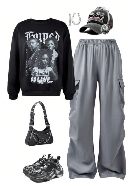 Teenage Girl's Streetwear Vintage Graphic Sweatshirt And Cargo Pants 2-Piece Outfit Set Black Casual    Animal,Figure,Letter  Slight Stretch Spring/Fall,Fall/Winter Teen Girls Clothing, size features are:Bust: ,Length: ,Sleeve Length: 90s Fashion Sweatpants, Sweatshirt With Cargo Pants, Baddie Outfits Shein, Cute Clothes For Teenagers, Black Outfit Streetwear, Winter Fits Baddie, Y2k Clothing Aesthetic, Shein Outfits Fall, Winter Outfits Streetwear