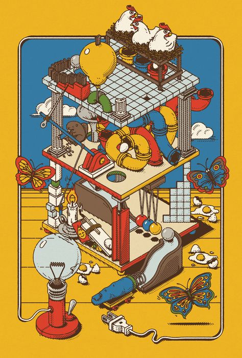 Rube Goldberg Machine Illustration, Goldberg Machine, Machine Illustration, Lsd Art, Rube Goldberg, Rube Goldberg Machine, New Scientist, Cover Ideas, Fun Illustration