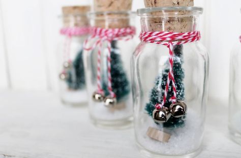 Home Staging Ideas, Waterless Snow Globe, Bottle Brush Christmas Trees, Craft Fairs Booth, Bottle Brush Tree, Mini Glass Bottles, Faux Snow, Brush Trees, Brush Tree