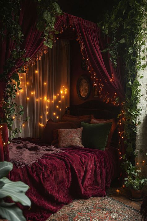 Canopy bed with sheer fabrics surrounded by burgundy velvet curtains and hanging plants. Dark Bedroom Decor Cozy, Goth Boho Bedroom, Boho Gothic Bedroom, Dark Red Room, Dark Artsy, Dark Romantic Bedroom, Dark Boho Bedroom, Boho Bedroom Inspirations, Dark Boho