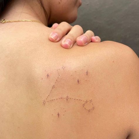 Fine Line Pisces Constellation Tattoo, Pisces Star Tattoo Minimalist, Pisces Line Tattoo, Perseus Constellation Tattoo, Pisces Shoulder Tattoo, Constellation Back Tattoo, Pieces Constellation Tattoo, Constellation Tattoo Back, Pisces Star Constellation Tattoo