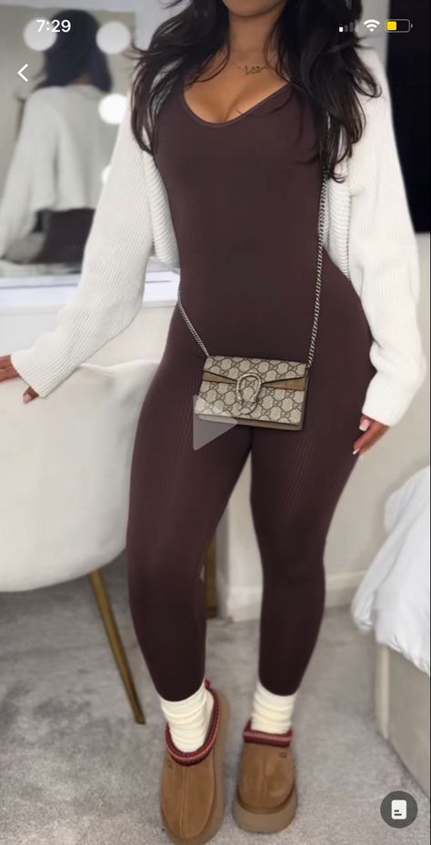 Cream Jumpsuit Outfit Black Women, How To Style Brown Jumpsuit, Cute Jumpsuit Outfits Black Women, Flannel With Bodysuit Outfit, Brown Full Bodysuit Outfit, Brown Jumpsuit Outfit Black Women, Overall Outfit Black Women, How To Style Jumpsuit Outfit Ideas, One Piece Jumpsuit Outfits