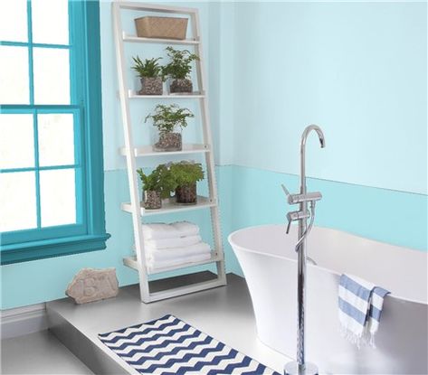 Look at the paint color combination I created with Benjamin Moore. Via @benjamin_moore. Walls: Fountain Spout 2059-70; Window Trim: Blue Lagoon 2054-40; Lower Wall: Blue Seafoam 2056-60. Bathroom Paint Colors Behr, Light Blue Paint Colors, Paint Walls, Wall Color Combination, Light Blue Paints, Bathroom Planner, Color Combinations Paint, Exterior Stain, Revere Pewter