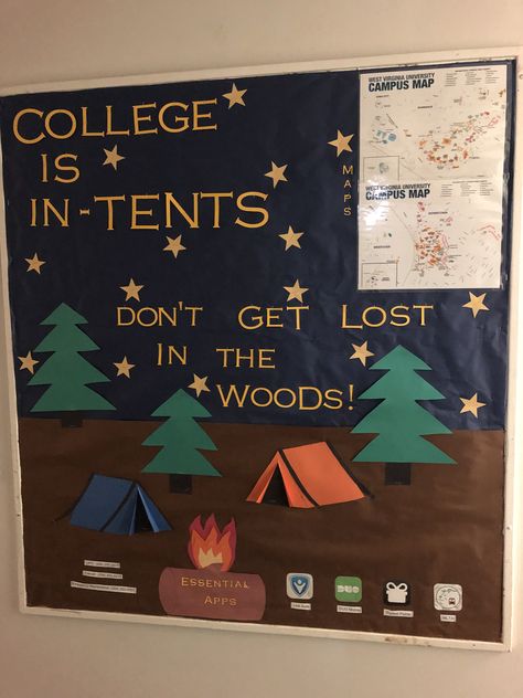 A simple camping themed bulletin board to introduce some essential apps and numbers for an incoming freshman and get them familiar with campus. College Is In-tents Bulletin Board, College Hallway Decorations, Tent Bulletin Board, Ra Hallway Themes, Ra Decorations Hallways, Ra Floor Themes, Camping Bulletin Boards, Residence Life Bulletin Boards, Dorm Bulletin Boards