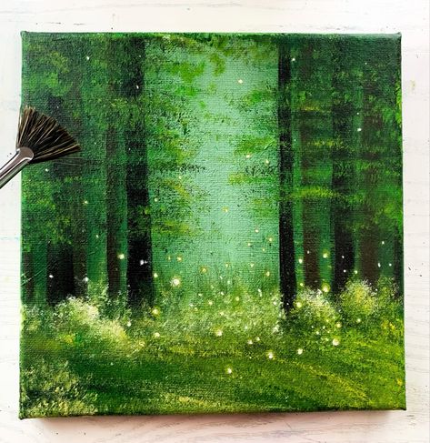 Painted Forest Background, Forest Acrylic Painting Woods, Green Water Painting, Cute Forest Painting, Firefly Forest Painting, Oil Painting Forest Landscapes, Forest Stream Painting, Pine Forest Painting Acrylic, Fireflies Painting On Canvas