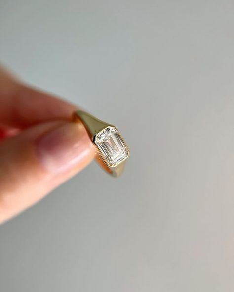 Signet Ring On Hand, Engagement Signet Ring, Signet Style Engagement Ring, Signet Engagement Rings Women, Safire Rings Engagement Gold, Simple Non Traditional Wedding Rings, Emerald Gold Engagement Ring, Safire Rings, Champagne Diamond Ring Engagement