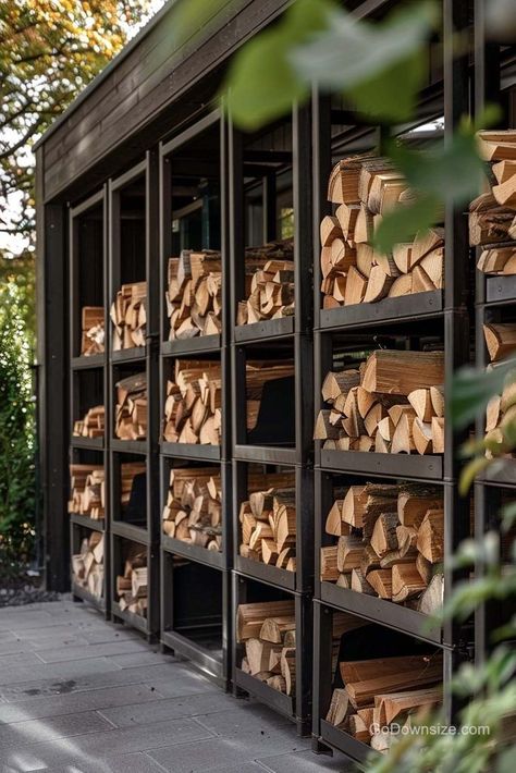 The open design of these sheds is key—it lets air circulate around your firewood, which is crucial for keeping it dry and ready to burn. Firewood Storage Outdoor, Firewood Shed, Wood Storage Sheds, Firewood Rack, Firewood Storage, Wood Shed, Deck Decorating Ideas On A Budget, Outdoor Gardens Design, Shed Design