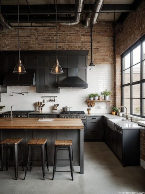 Modern Industrial Kitchen, Top Kitchen Trends, Industrial Kitchen Design, Industrial Home Design, Loft Kitchen, Industrial Style Kitchen, Decor Ideas Bedroom, Brick Kitchen, Industrial Interior Design