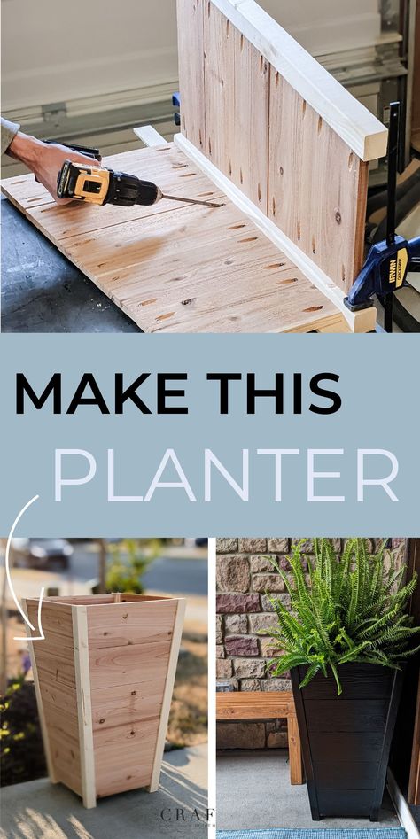 This beautiful DIY cedar planter is great for outdoors. Perfect for a front porch or patio! The tapered design gives it a timeless look. Make your DIY planter today using this step-by-step tutorial! Diy Wood Planter Box, Cedar Wood Projects, Diy Wooden Planters, Diy Wood Planters, Planter Box Plans, Cedar Planter Box, Diy Planter, Porch Planters, Cedar Planters