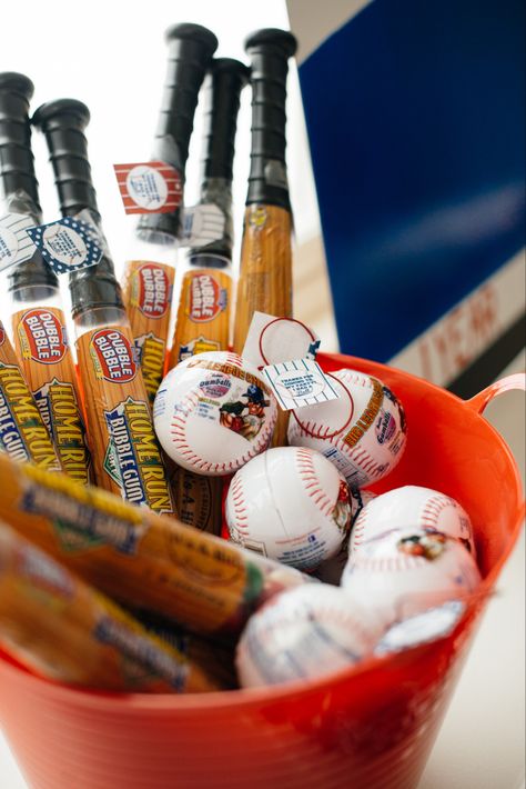 Baseball-themed party favor- baseball bat and ball filled with bubble gum Baseball Souvenir Ideas, Baseball Birthday Favors, Baseball Theme Favors, Baseball Favors, Baseball Party Favors, Baseball Theme Birthday, Bat And Ball, Baseball Theme Party, Ball Games