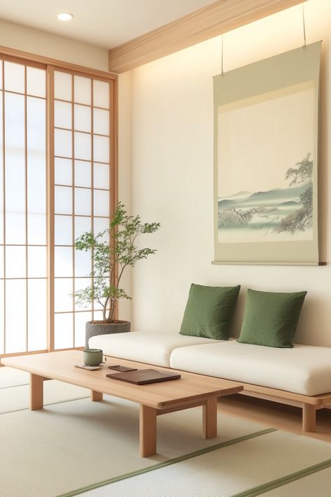 Create a serene living room decor with minimalist Japanese aesthetics. The blend of natural elements and simple furniture enhances tranquility and elegance. Perfect for those who appreciate calm and clutter-free spaces. #LivingRoomDecor #ZenStyle #MinimalistDesign Japanese Room Aesthetic, Zen Living Room Decor, Serene Living Room, Cottagecore Interior, Zen Living Room, Zen Living, Minimalist Japanese, Japanese Room, Japanese Minimalism