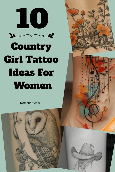 If you're a country girl at heart looking for tattoo inspiration, check out these stunning country girl tattoo ideas for women. Embrace your Southern roots with designs that showcase your love for the outdoors, wildlife, and all things rustic. From delicate wildflower bouquets to bold horses and cowboy boots, there's a design out there that perfectly captures your country spirit. Whether you prefer small and subtle tattoos or larger statement pieces, these country girl tattoos are sure to make a Western Themed Tattoos For Women, Country Song Lyrics Tattoo Ideas, Country Girl Tattoo Ideas, Southern Tattoos For Women, Small Wildflower Tattoo, Country Music Tattoos, Girl Tattoo Ideas, Country Girl Tattoos, Song Lyric Tattoos