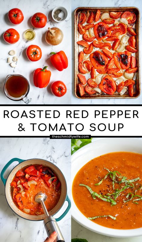 Vegan Fresh Tomato Soup, Tomato Soup With Red Pepper, Roasted Red Pepper And Tomato Soup With Coconut Milk, Roasted Red Tomato Soup, Creamy Red Pepper Tomato Soup, Soup With Roasted Tomatoes, Tomato Soup With Veggies, Roasted Tomatoes Soup Recipe, Roasted Red Pepper Tomato Bisque