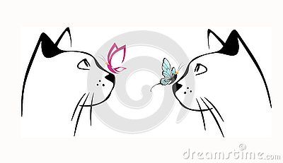 Cat head side view drawing with butterfly on nose isolated on white background. Cat making friends with a butterfly that has just landed on her nose. Head Side View Drawing, Butterfly On Nose, Head Side View, Eyes Expression, Background Cat, Cat And Butterfly, Side View Drawing, View Drawing, Cat Nose