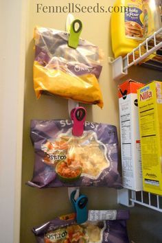 This is how I organize my pantry. See how I store my bags of chips so that they are easily accessible and off my pantry shelves. Love it! Organize Pantry, Chips Bags, Kitchen Ikea, Kitchen Organization Pantry, Kitchen Organization Diy, Organizing Hacks, Pantry Shelf, Design Apartment, Chip Bags