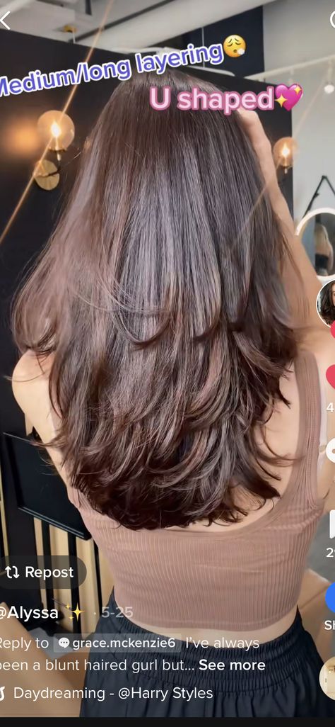 Medium U Shaped Haircut With Layers, Hair Cut Ideas For Girls Layers, Square Box With Layers Haircut, U Shape Medium Length Hair, Long Layered V Shaped Haircut With Curtain Bangs, Deep Layer Haircut For Medium Hair, U Cut With Face Framing Layers, Medium Length Long Layers Face Framing, U Shaped Layered Hair Medium