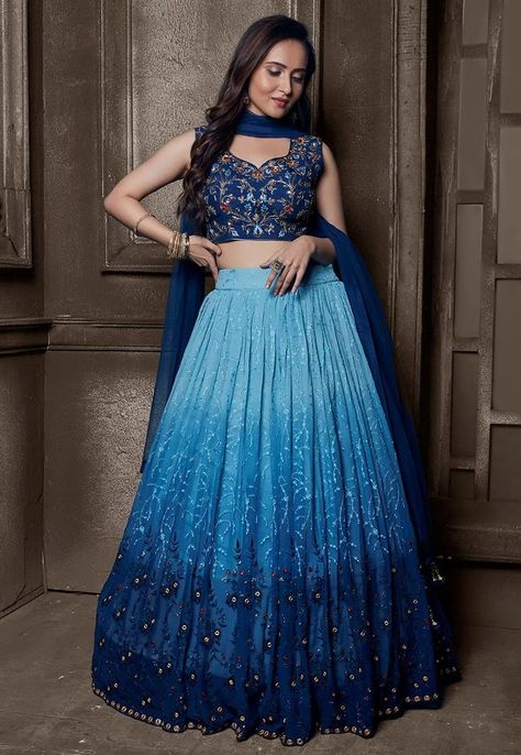 Traditional Dress For Women, Indian Dress Up, Simple Lehenga, Clothing Rental, Georgette Lehenga, Wedding Lehenga Designs, Blue Lehenga, Half Saree Designs, Long Dress Design