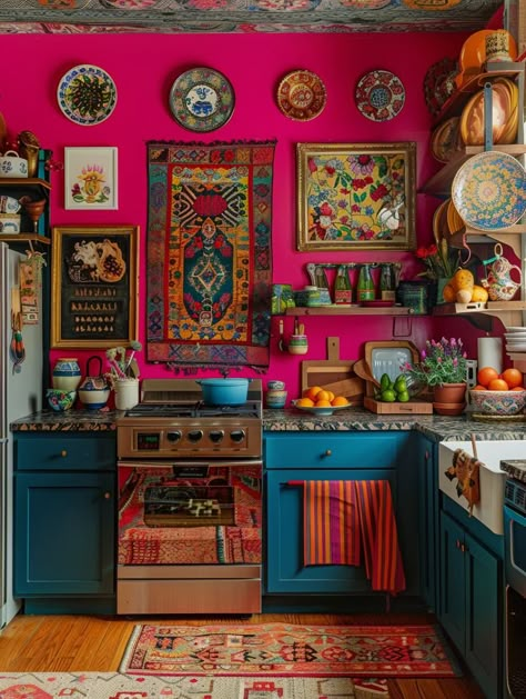 Boho Kitchen Ideas, Boho Kitchen Decor, Bohemian Kitchen, Deco Rose, Kitschy Kitchen, Eclectic Kitchen, Stil Boho, Kitchen Aesthetic, Deco Boheme