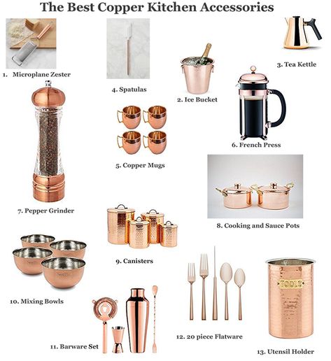 The Best Copper Kitchen Accessories and Appliances - A bright pop of copper will add spark and style to any kitchen! Copper Cooking Utensils, Kitchen Accessories Ideas, Copper Flatware, Copper Kitchen Accessories, Gold Kitchen Accessories, Copper Kitchen Utensils, Rose Gold Kitchen, Copper Kitchen Decor, Copper Kitchen Sink