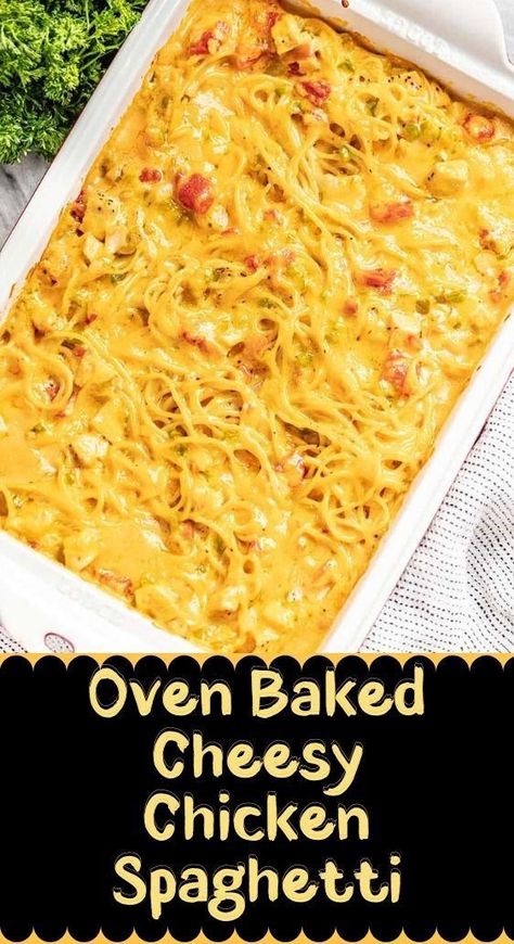 Cheesy Chicken Spaghetti is a family comfort food favorite! This recipe uses a from-scratch sauce that is super easy to make so that your delicious cheesy casserole is ready for the oven in just 15 minutes. Baked Cheesy Chicken, Baked Chicken Spaghetti, Easy Oven Baked Chicken, Chicken Spaghetti Casserole, Cheesy Chicken Spaghetti, Chicken Spaghetti Recipes, Cheesy Casserole, Oven Chicken, Chicken Spaghetti