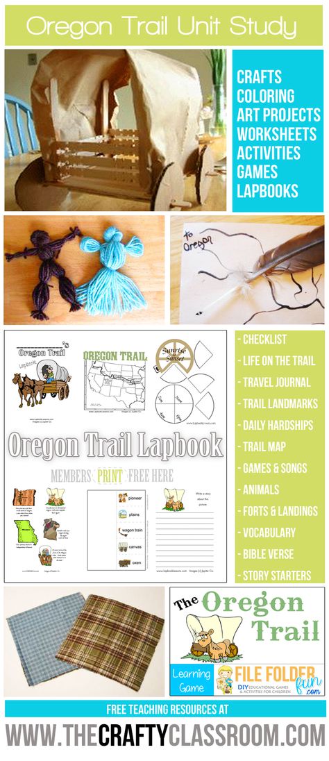 Free Oregon Trail Unit Study Resources.  Find Crafts, Activities, Games, Lapbooking Elements and more, free at The Crafty Classroom Oregon Trail Unit Study, Oregon Trail Project, Oregon Trail Activities, Utah History, Western Expansion, American History Homeschool, Pioneer Days, Pioneer Life, 4th Grade Social Studies