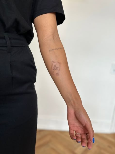 Mini Elbow Tattoo, Small Cute Arm Tattoos For Women, Square With Flowers Tattoo, Arm Stamp Tattoo, Best Arm Tattoo Placement, One Arm Tattoo Woman, Wildflower Stamp Tattoo, Placement Small Tattoo, Women Small Arm Tattoo